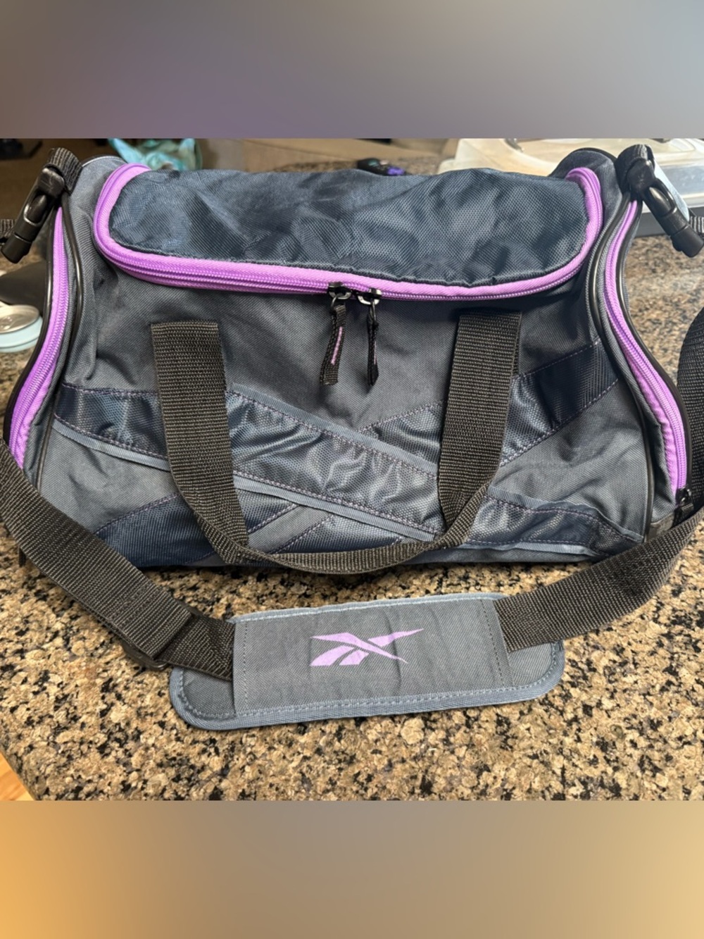 Reebok Charcoal and Purple Sport Duffel with Shoulder Strap